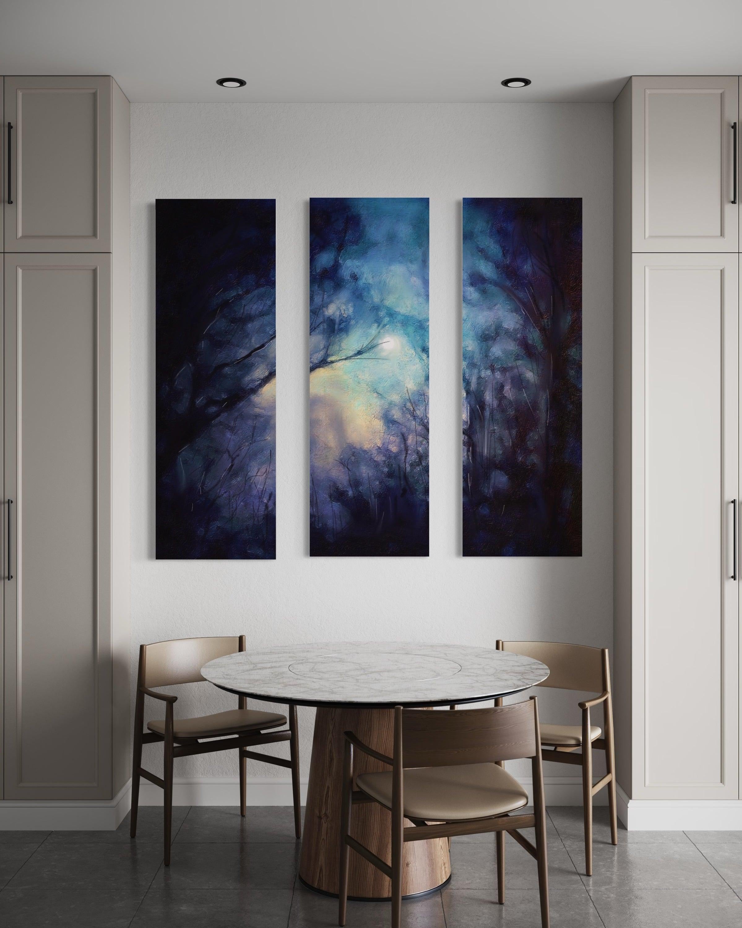 Dining set with abstract art from Scotland in the A Moonlit Highland Wood Triptych