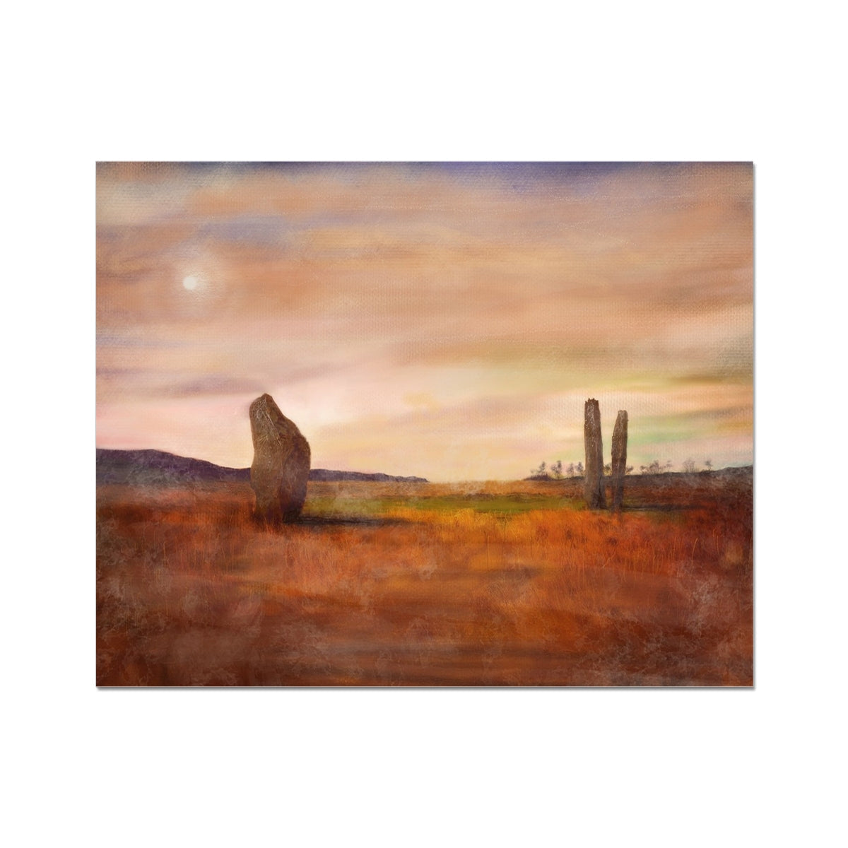 Brown stone cairn sculpture in moonlit Machrie Moor artist proof print