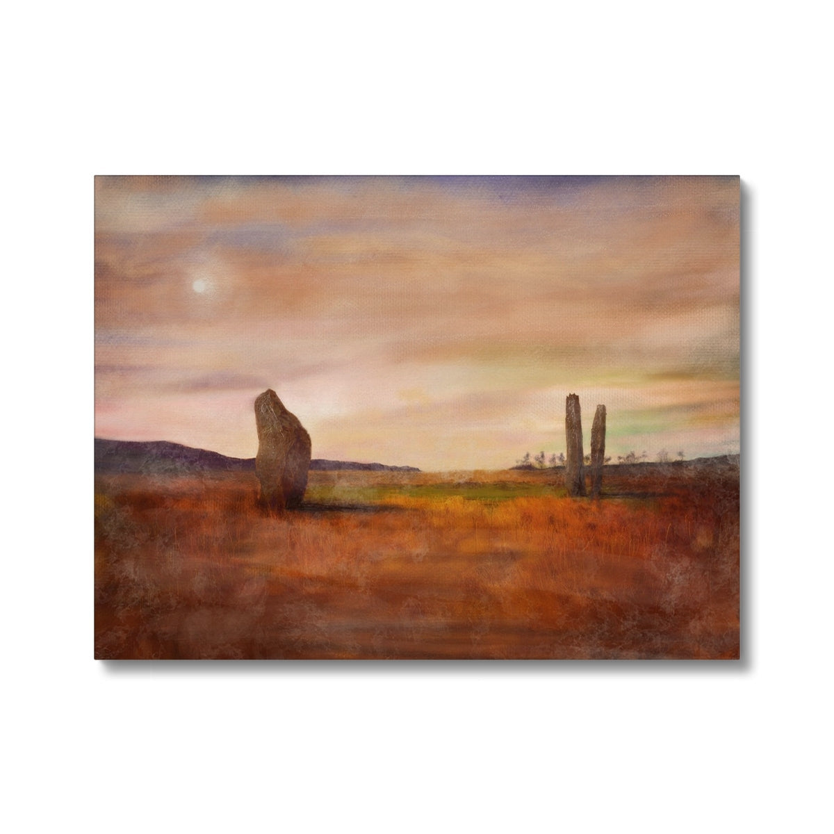 Painting of Machrie Moor landscape with standing stones under overcast sky on Moonlit Machrie Moor Canvas