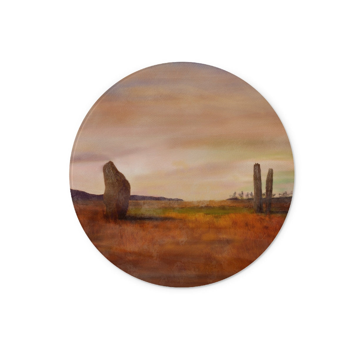 Moonlit Machrie Moor glass chopping board with circular rustic landscape and standing stones under warm sky