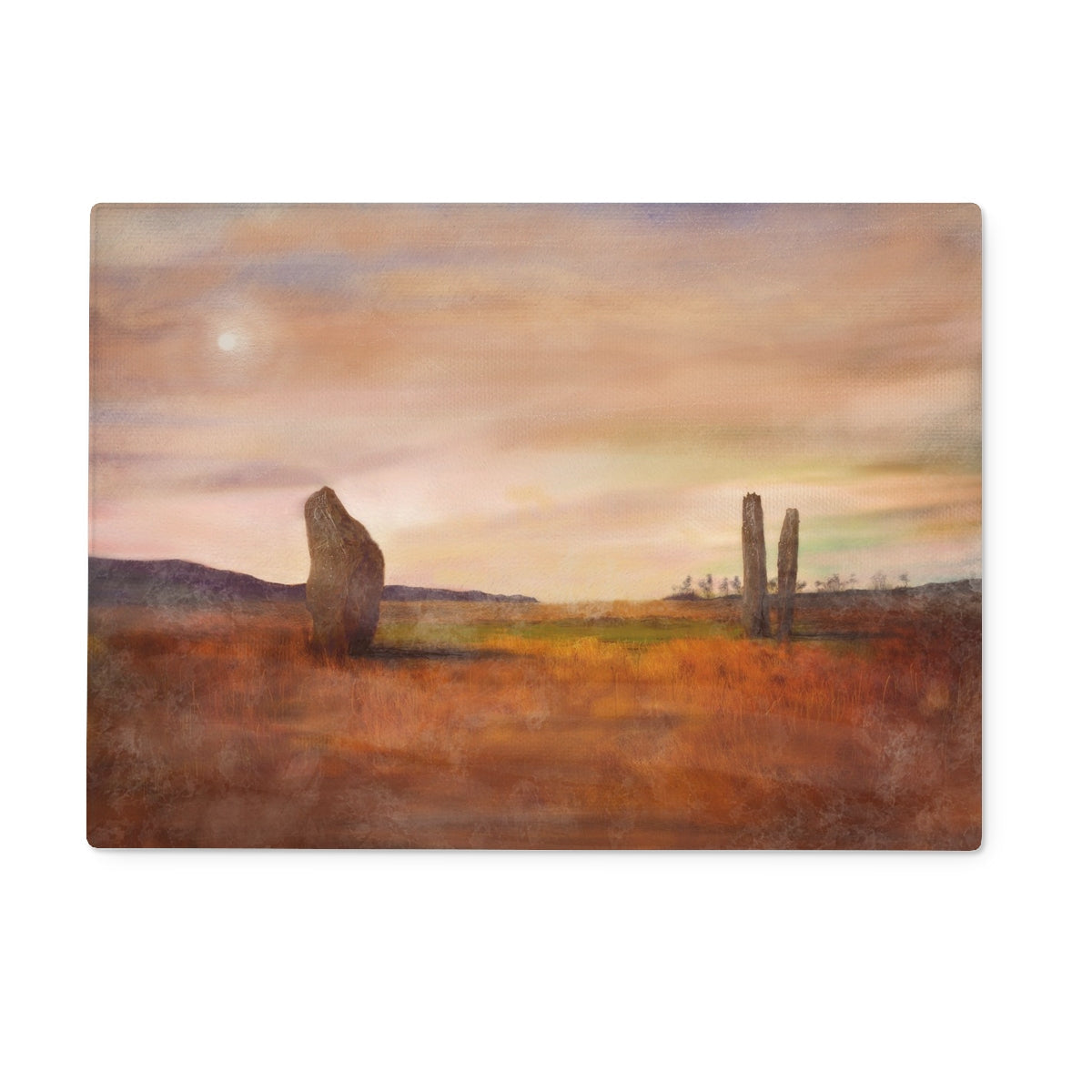 Serene Machrie Moor standing stones on moonlit glass chopping board