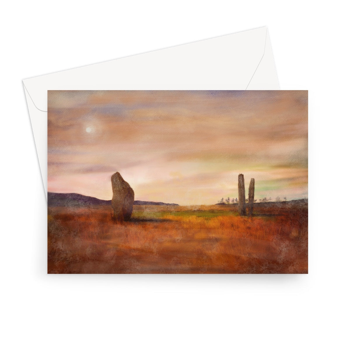 Moonlit Machrie Moor greeting card with painted standing stones landscape