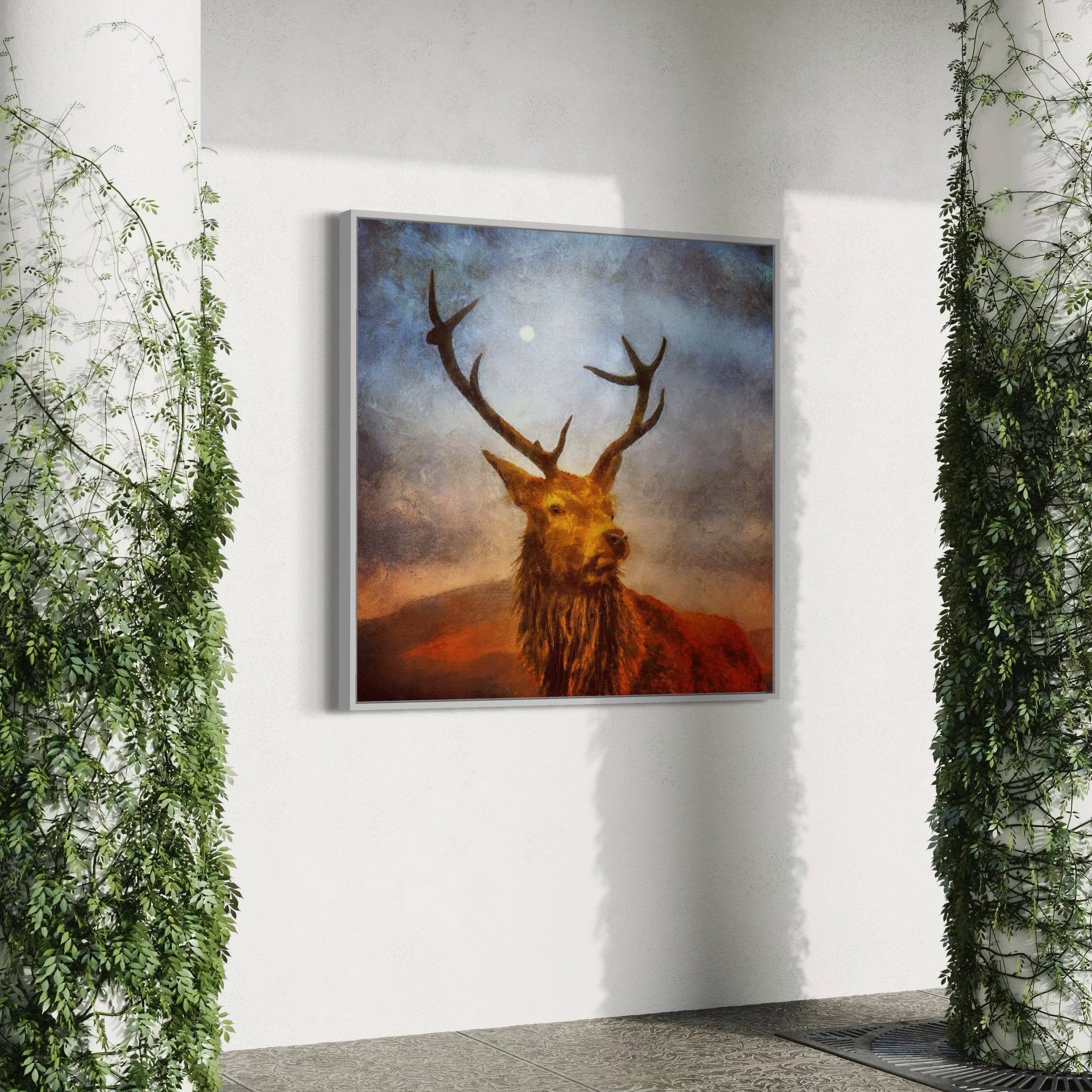 Framed painting of a stag from A Moonlit Stag Scottish wall art collection