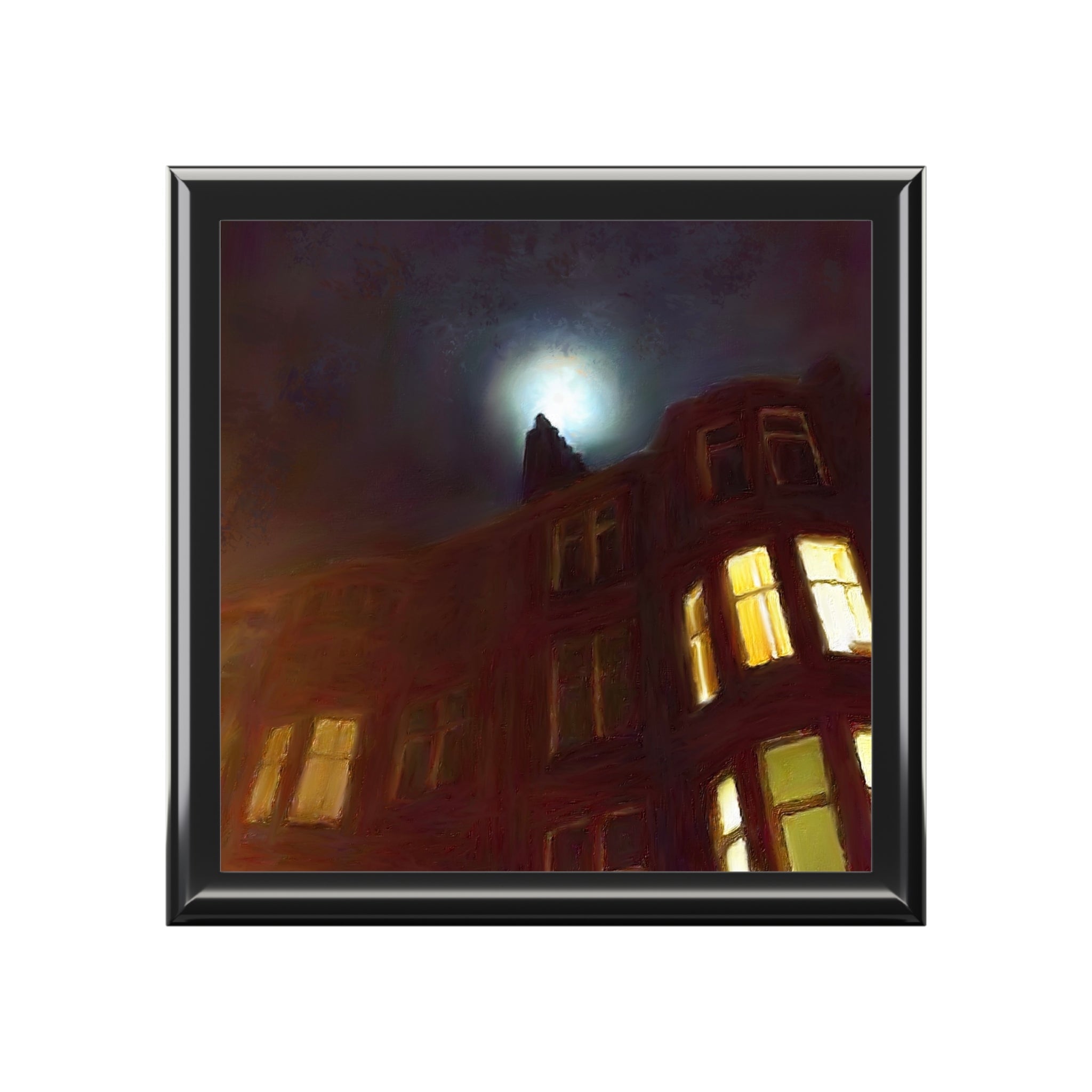 Framed painting of a building under a full moon on the Scotland Art Jewellery Box