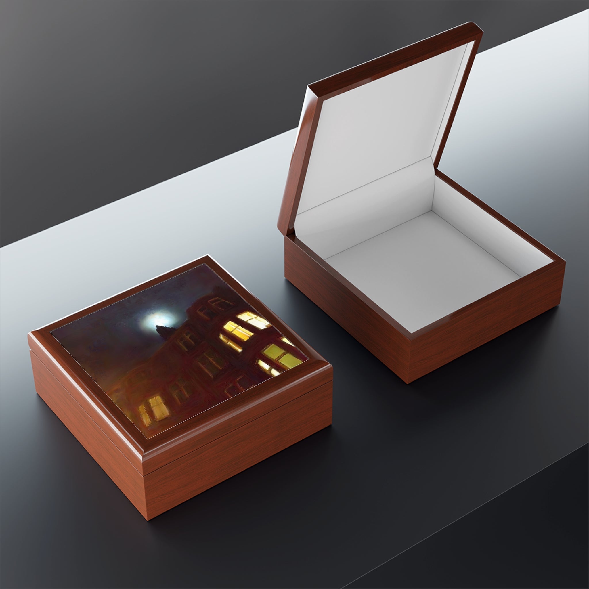 Brown rectangular Art Jewellery Box with a night scene on top and open white interior