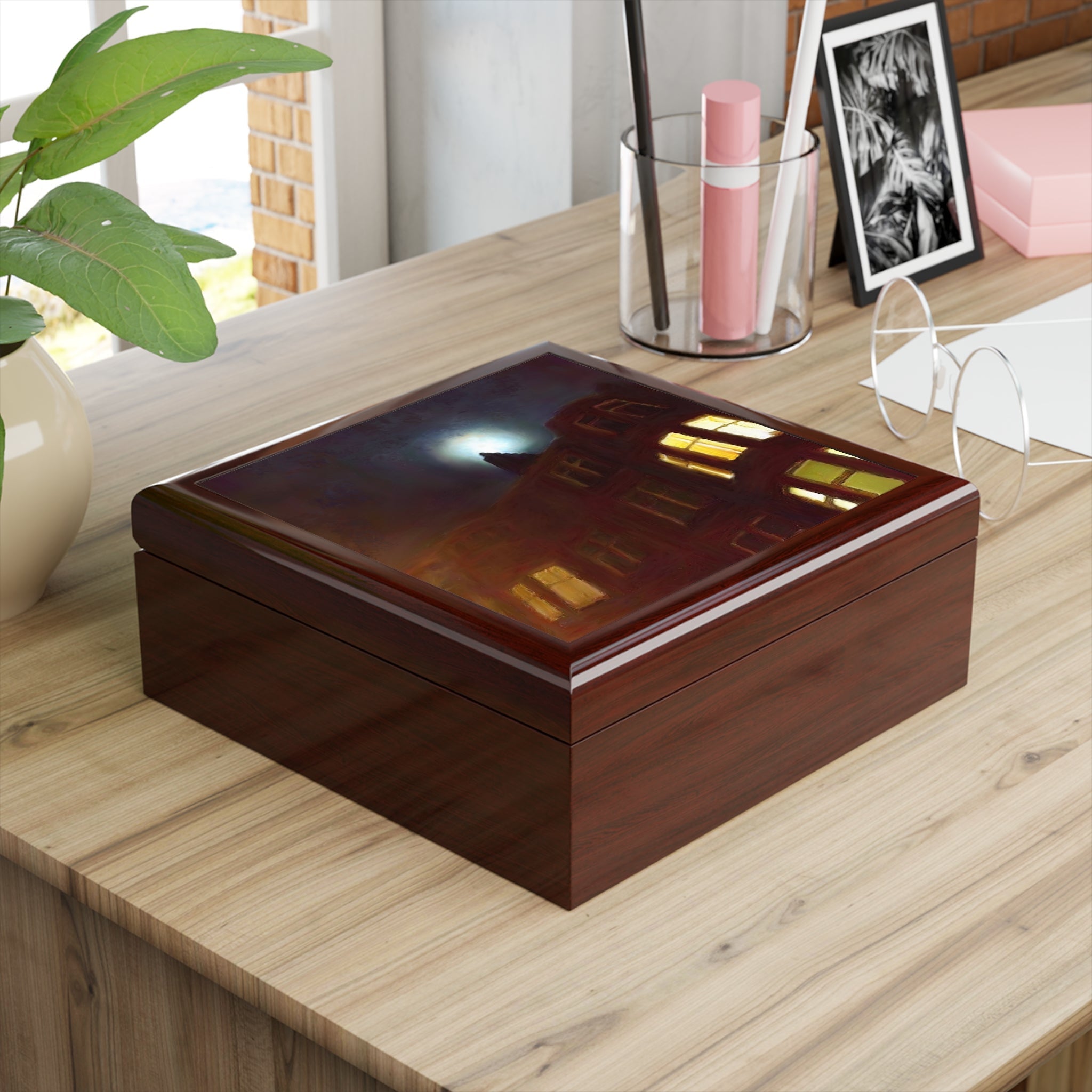 Glossy wooden keepsake box with illuminated building scene on dark reflective lid Scotland
