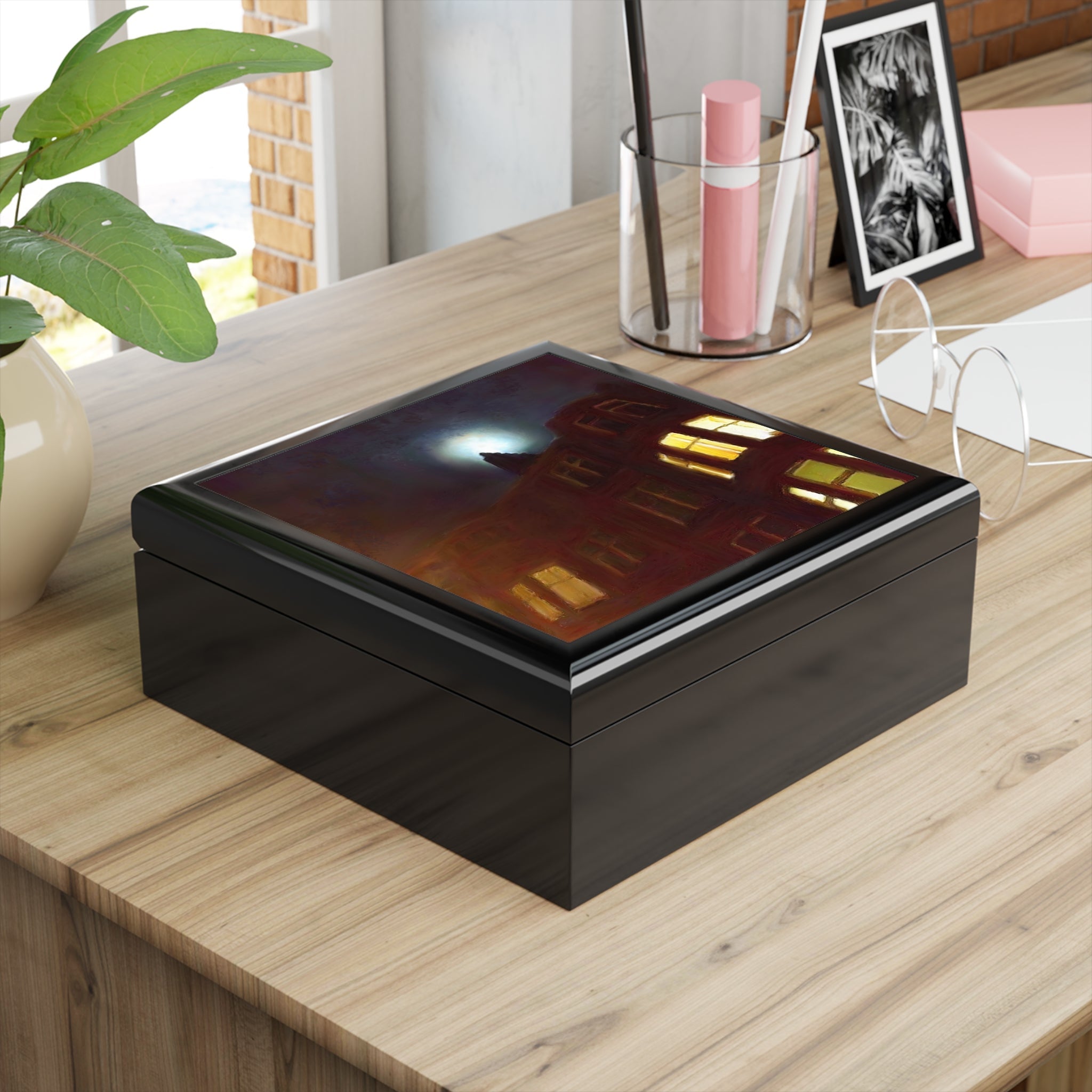 Black wooden keepsake box with vibrant illustrative lid from A Moonlit Tenement Art Jewellery Box Scotland