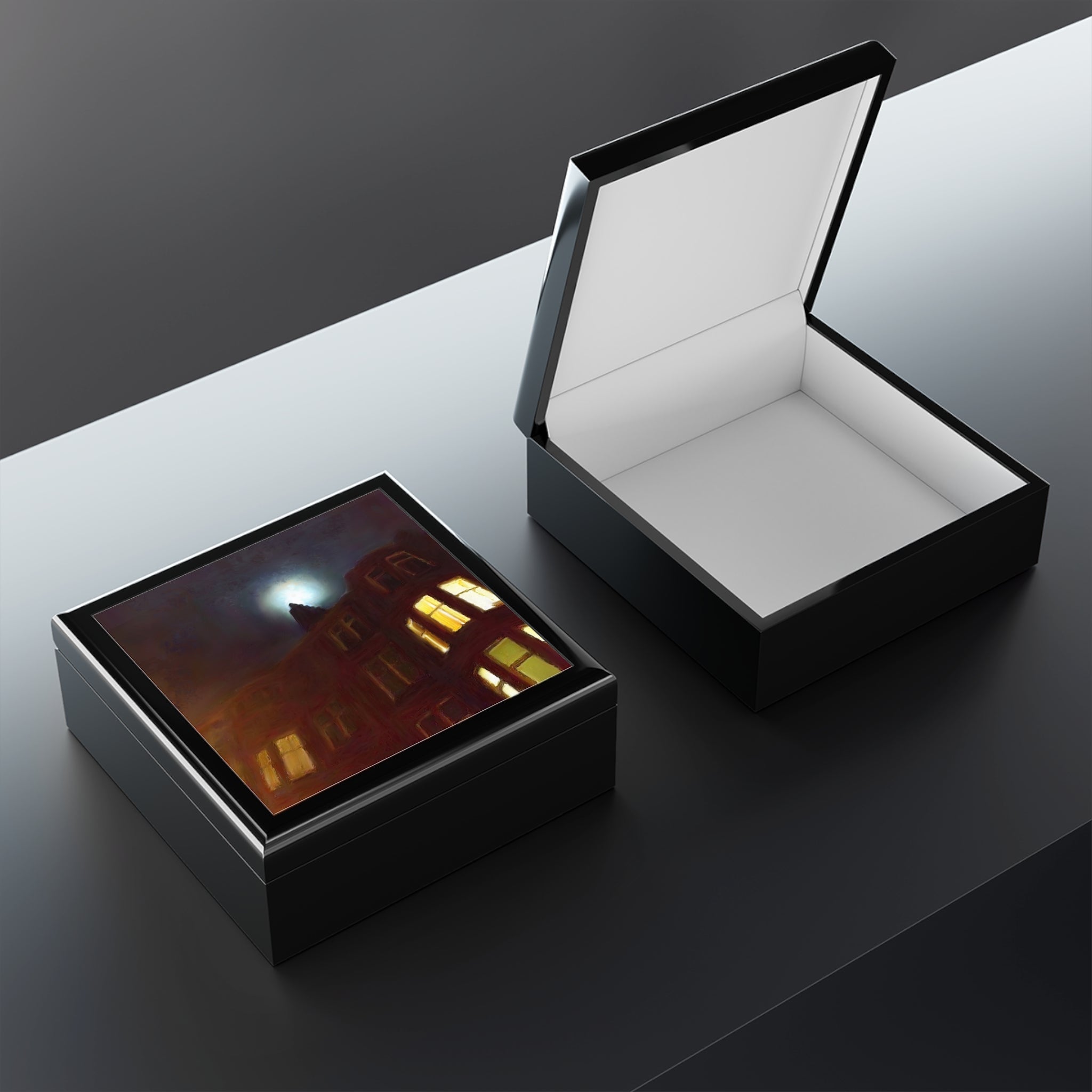 Black wooden keepsake boxes with printed lid and white interior for Art Jewellery Scotland