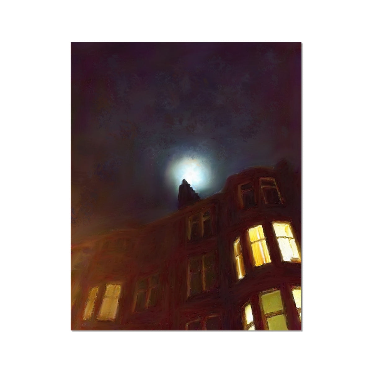 A tall building at night with illuminated windows under a bright Moon in a Moonlit Tenement Artist Proof Collector Print