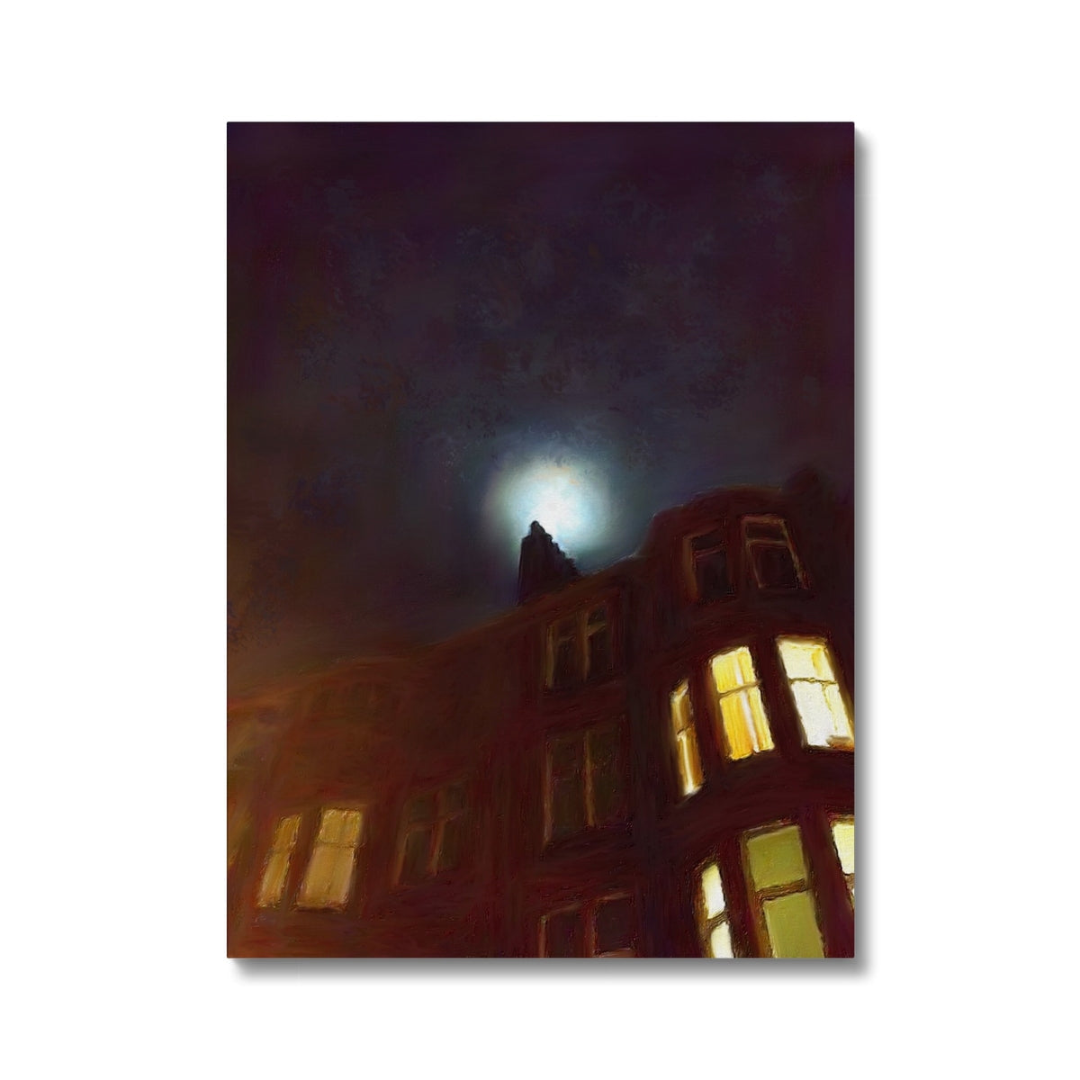 Moonlit Tenement Canvas featuring a tall dark brick building with illuminated windows at night