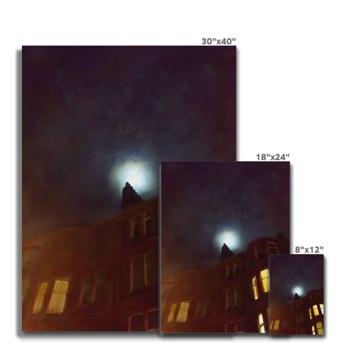 Three canvas prints of a building under a full moon titled A Moonlit Tenement Canvas