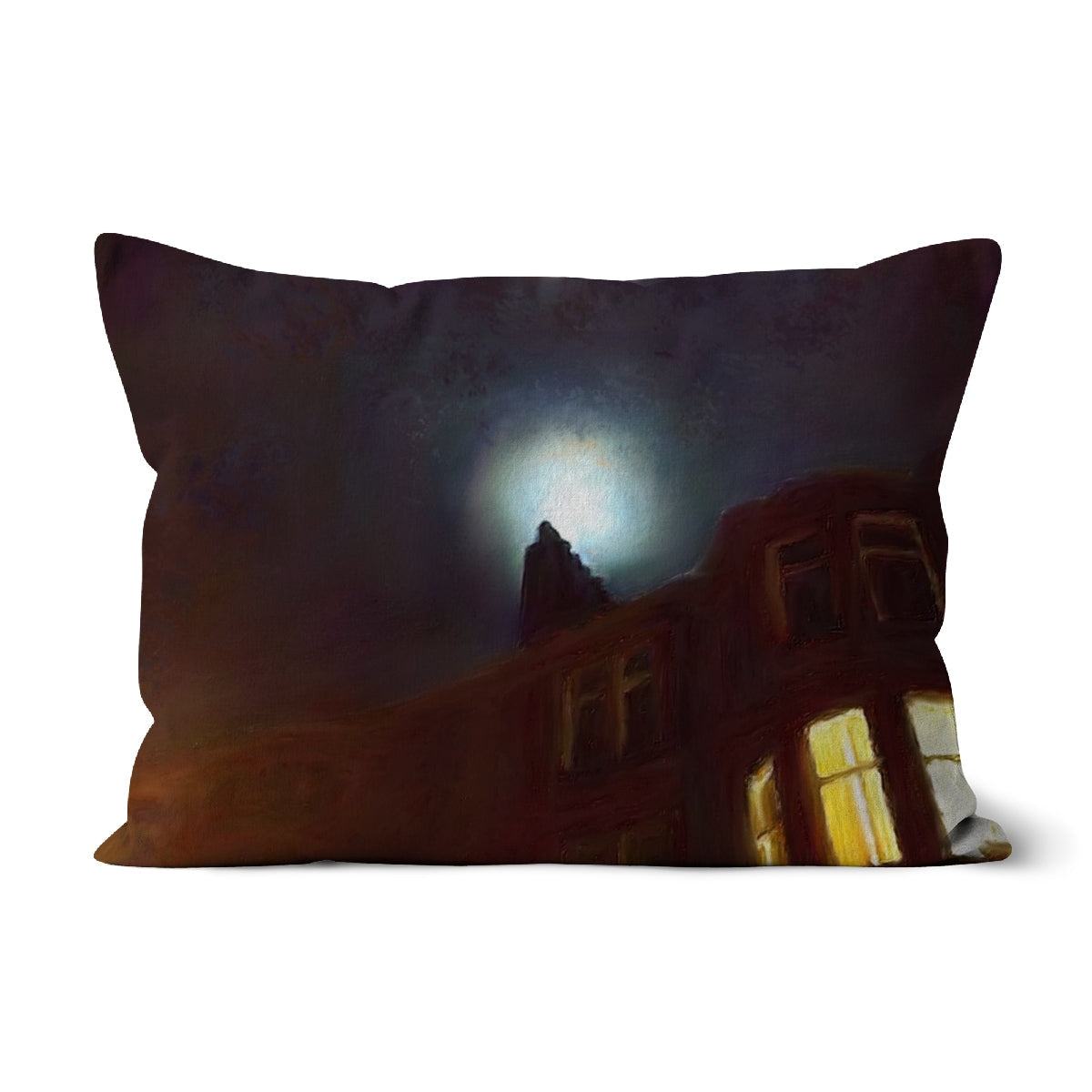 A Moonlit Tenement Cushion featuring a dark house painting under a moonlit sky