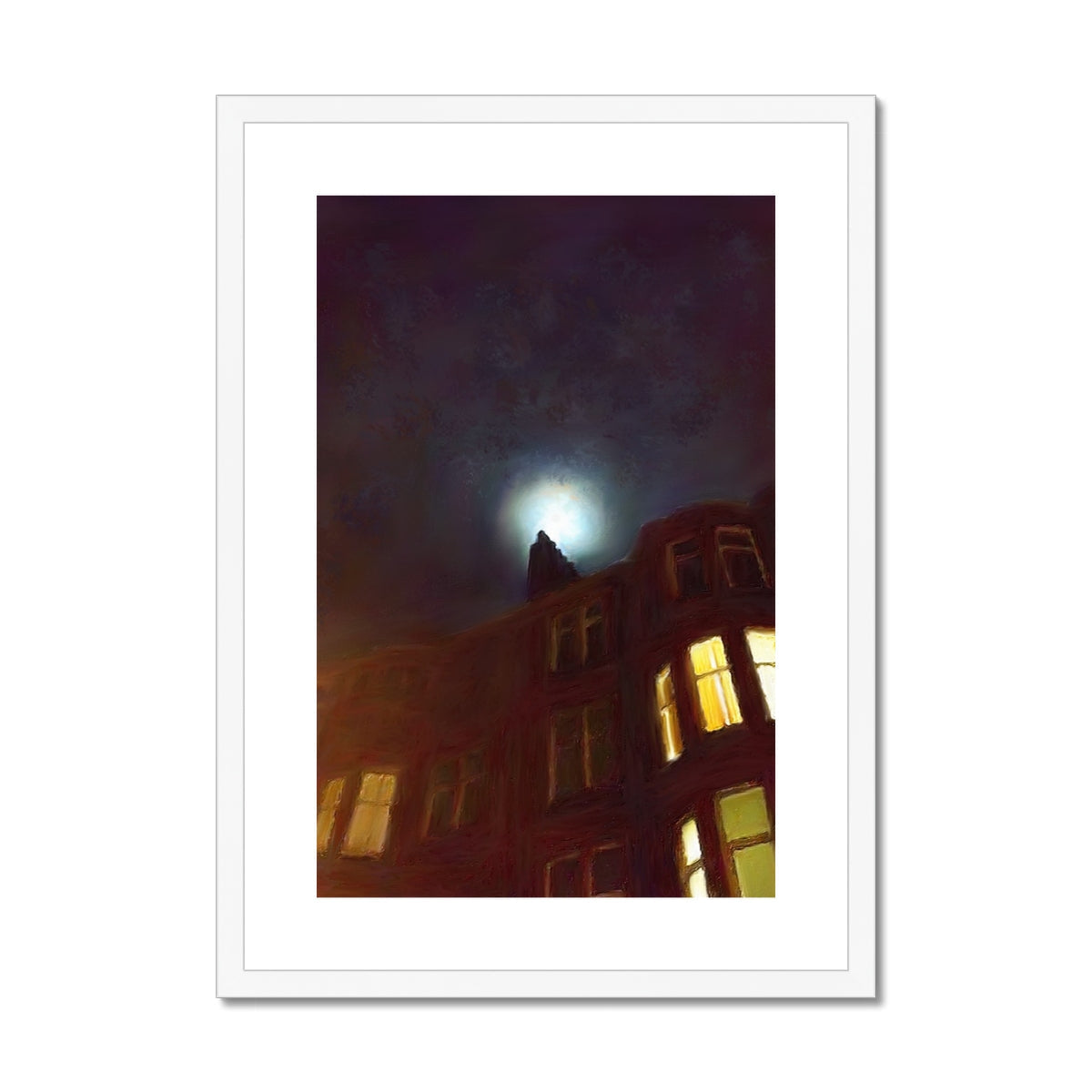 Framed print of a full moon shining above a building at night titled Moonlit Tenement