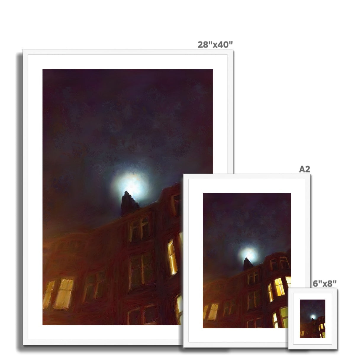 Framed photo print of a building under a bright moonlit sky titled A Moonlit Tenement