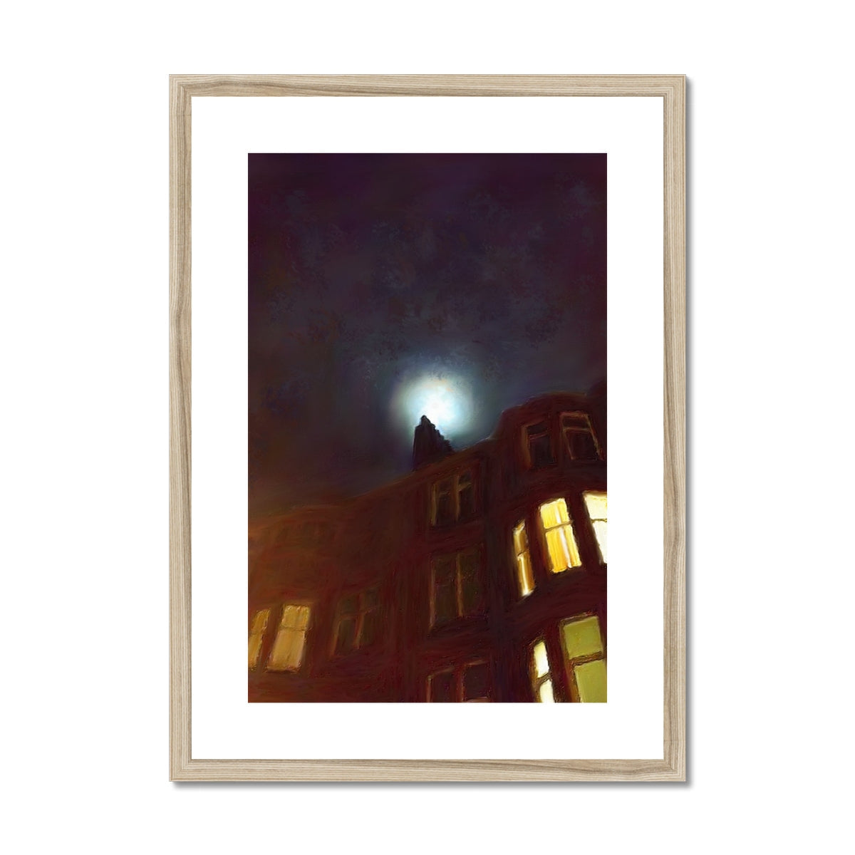 Framed vertical print of a night scene with bright moon over illuminated tenement windows