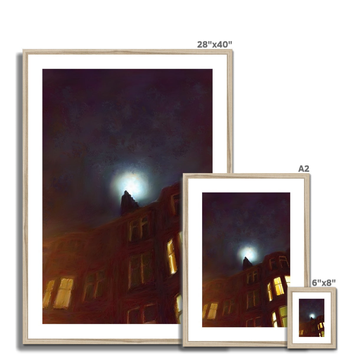 Moonlit Tenement Framed & Mounted Print showcasing a building at night with a bright moon