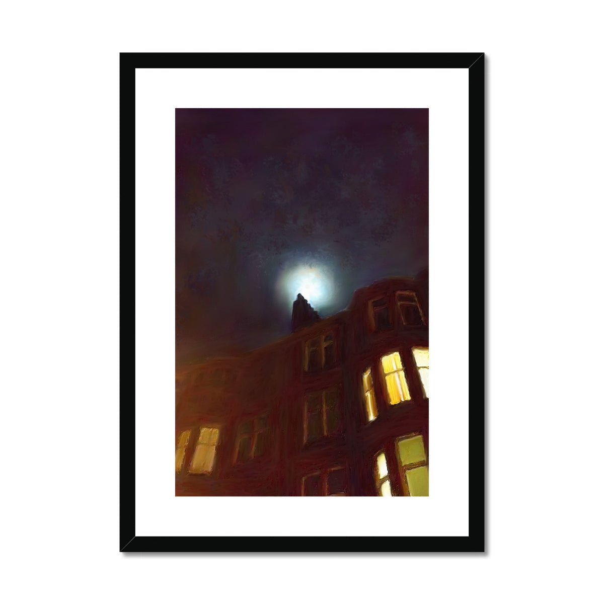 Framed print of a nighttime urban scene with bright moon and illuminated building windows