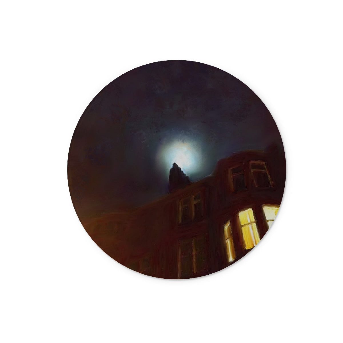 Circular photo sticker with a nighttime scene, full moon behind a building for Moonlit Tenement Glass Chopping Board