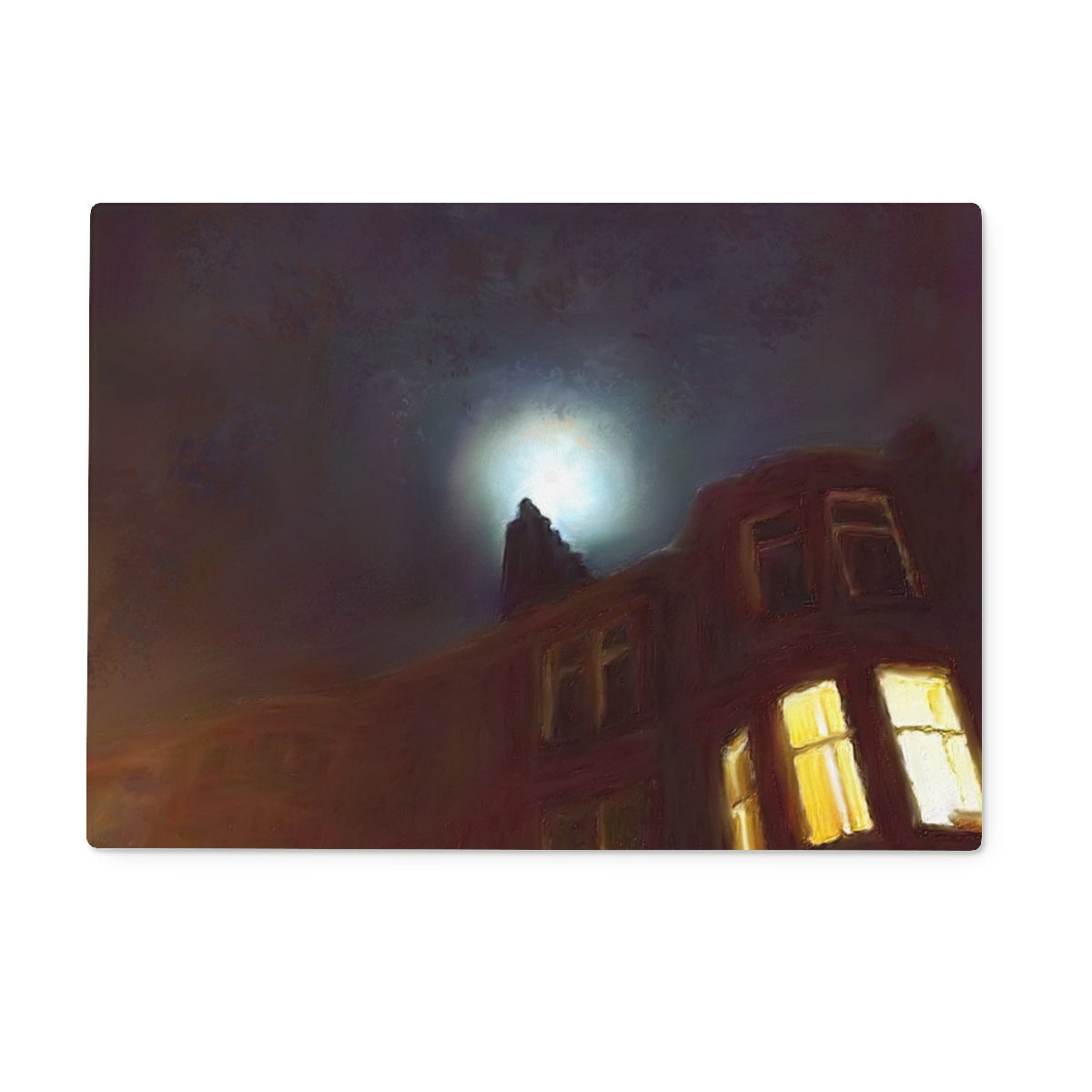 Moonlit Tenement Glass Chopping Board featuring a dark building with illuminated windows at night