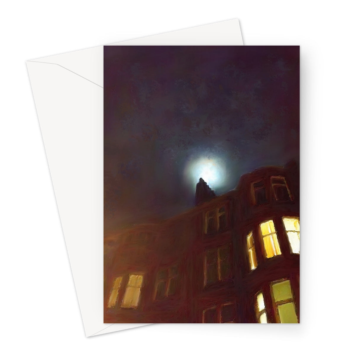 Moonlit cityscape greeting card with illuminated buildings and full moon