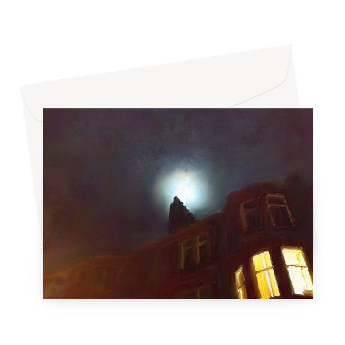 Moonlit night sky greeting card with glowing yellow tenement and full moon