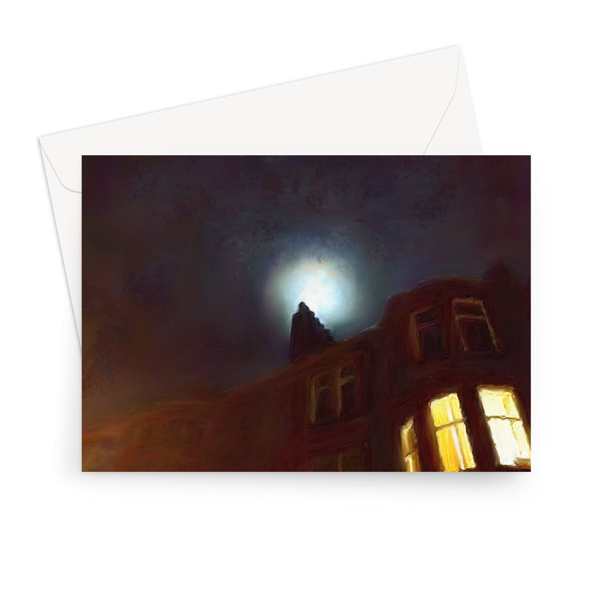 Moonlit tenement building silhouette greeting card