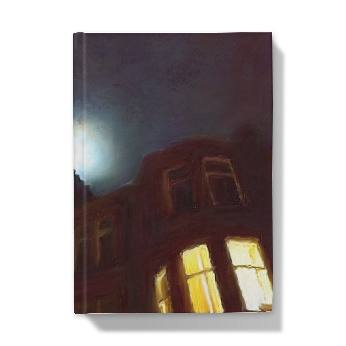 Art print of a building at night with illuminated windows on the Moonlit Tenement Journal