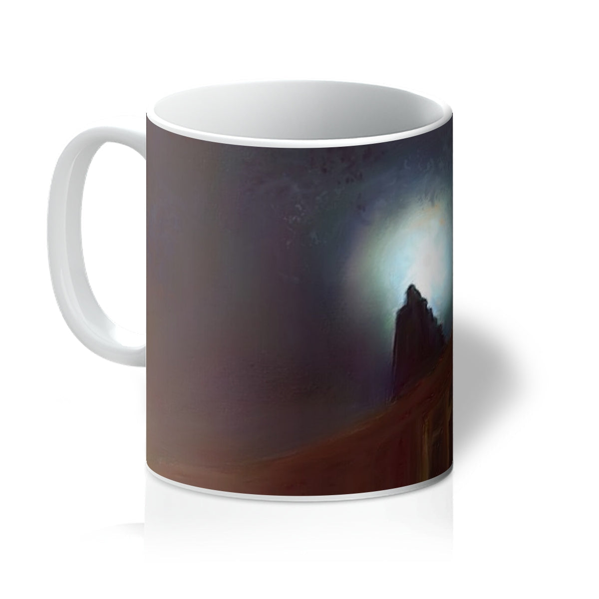 A Moonlit Tenement Mug with night sky aurora in dark tones and blue hues