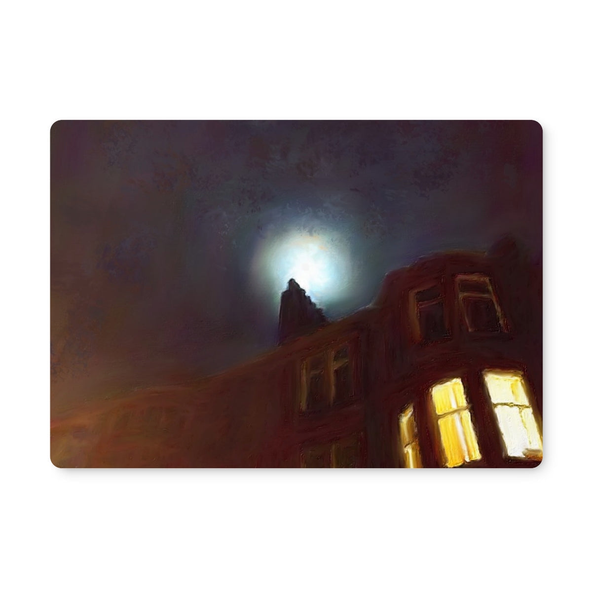 Rectangular Mouse Pad with a dark painterly night scene of a house and bright moon