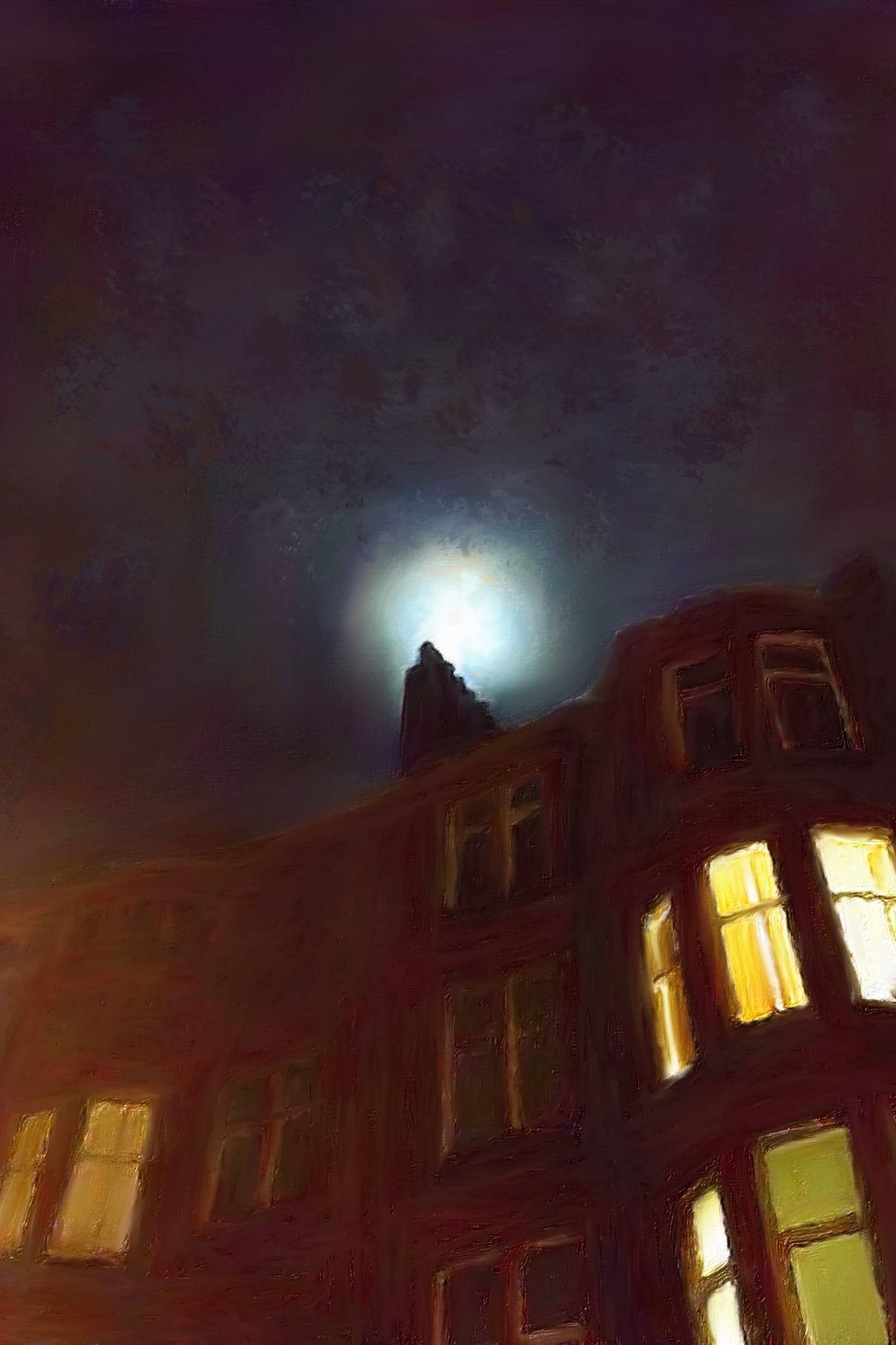 Moonlit tenement with illuminated windows under a bright Scottish moon wall art