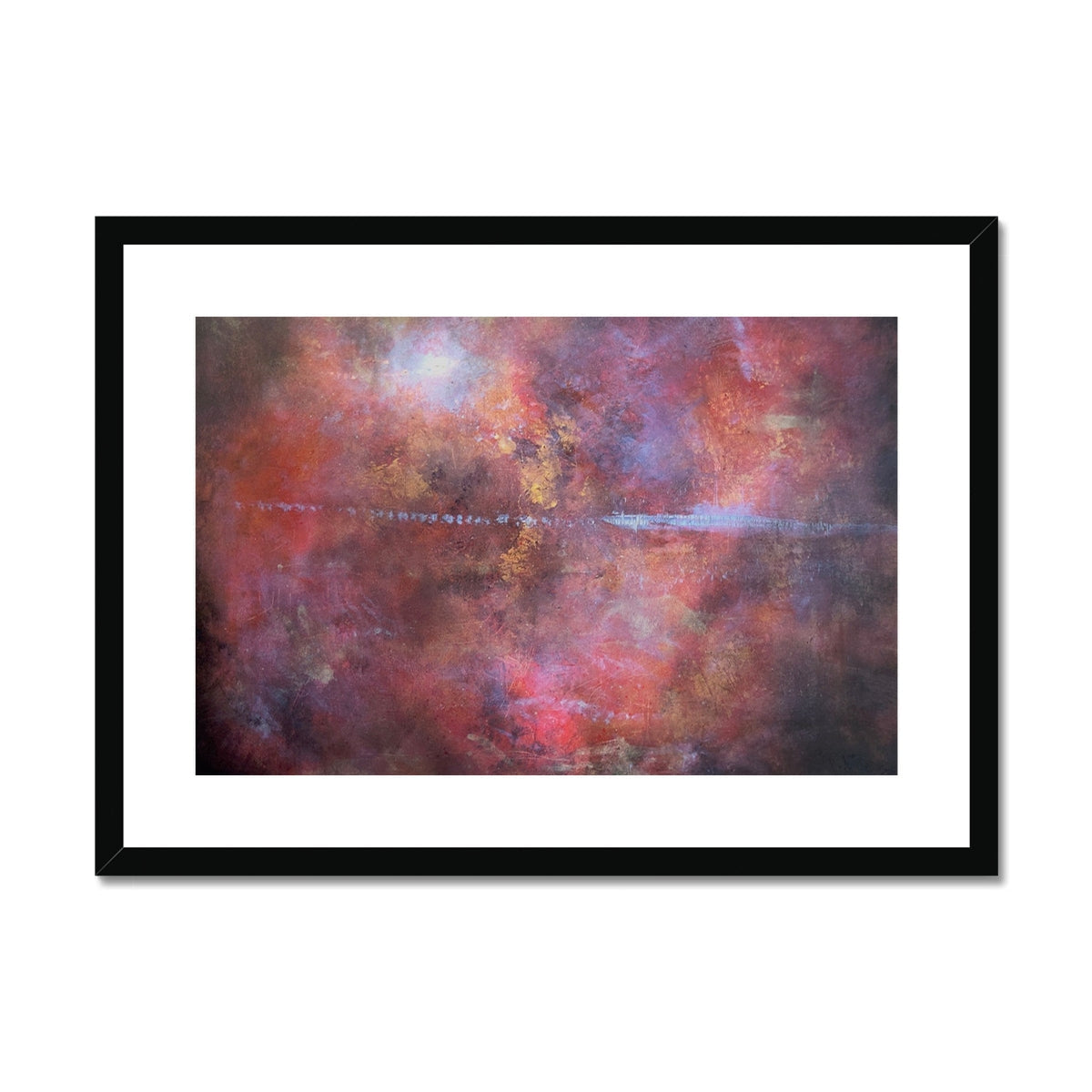 Black framed Moonset Horizon abstract art print in red purple hues
