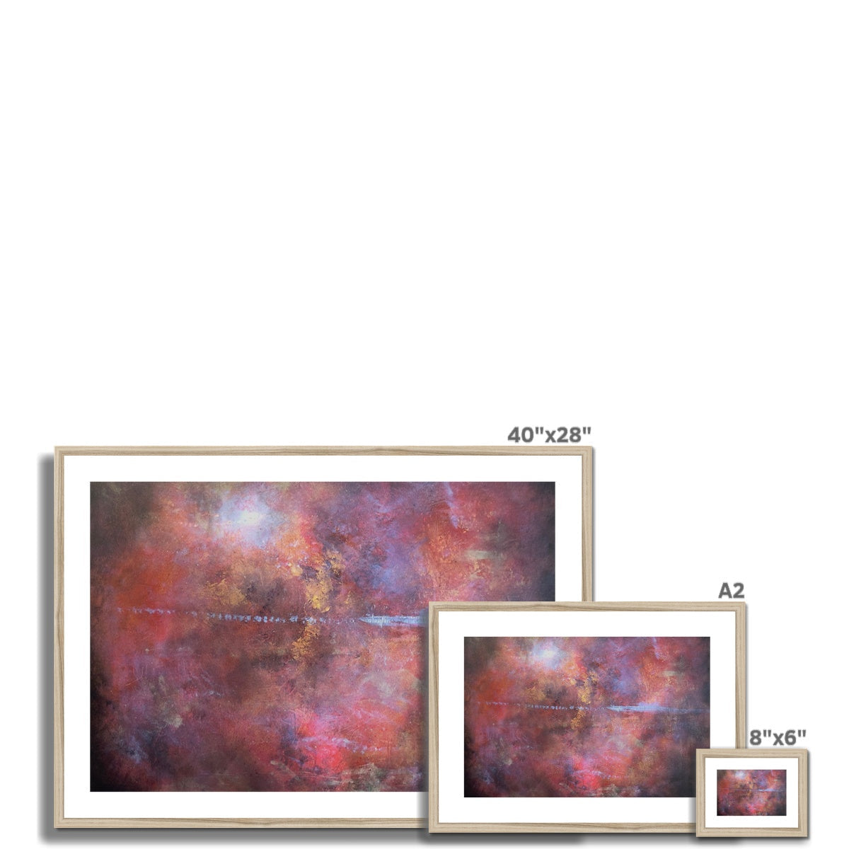 40x28 inch framed Moonset Horizon abstract painting in reds, oranges, purples