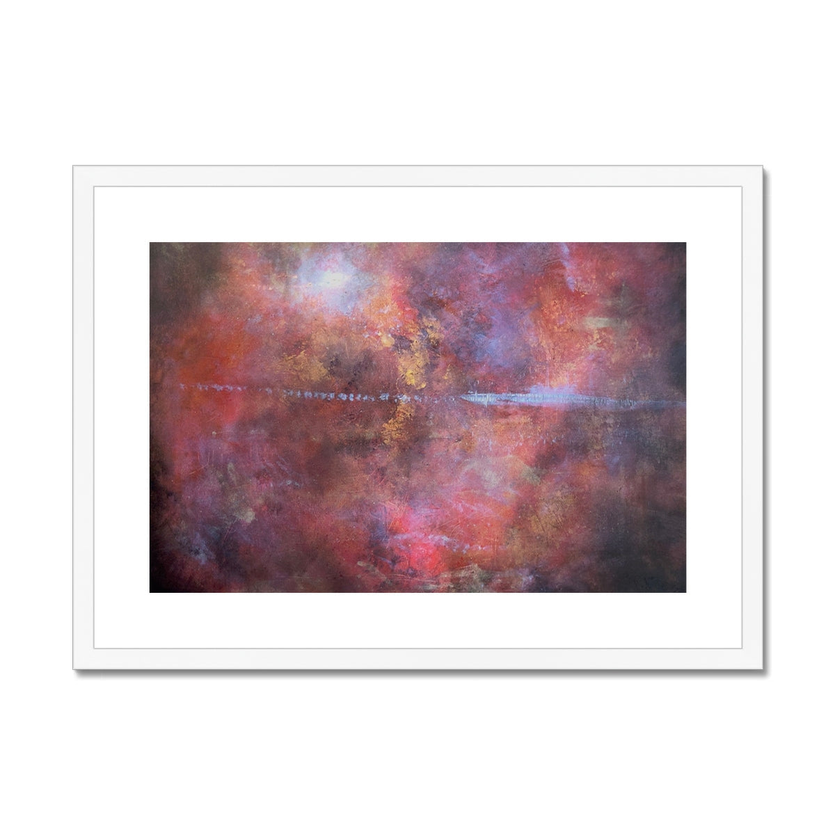 White framed Moonset Horizon abstract print in red purple nebulae hues