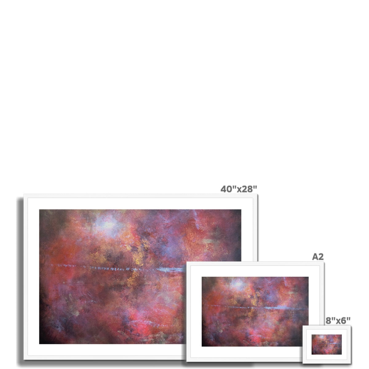 40x28 inch Moonset Horizon abstract art print in vibrant reds, purples, gold on white