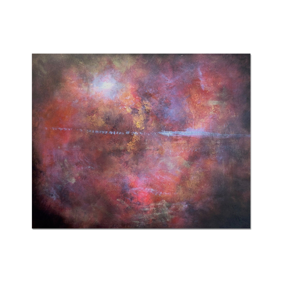 Red and orange abstract canvas painting with gold accents, Moonset Horizon Artist Proof