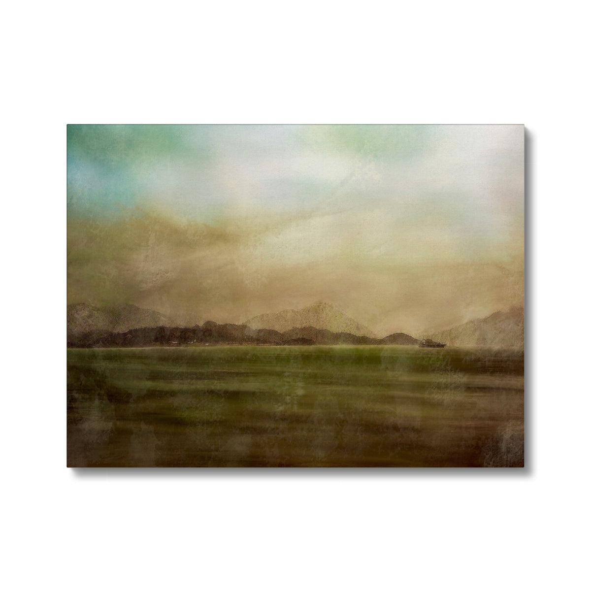 Mull Mist Canvas: Green and brown abstract landscape with textured brushstrokes