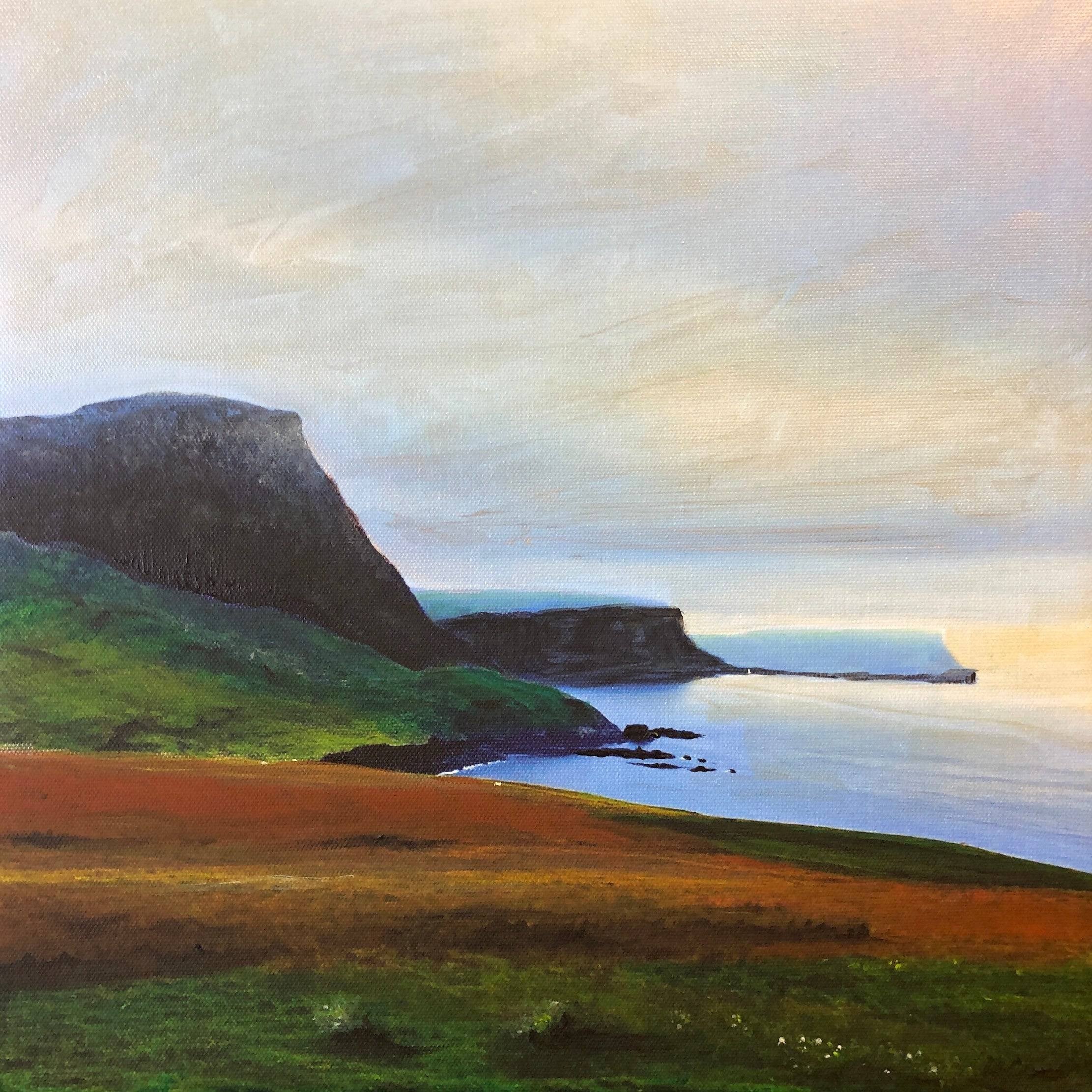 Vibrant coastal landscape painting of rolling hills and cliffs for Neist Point Cliffs wall art