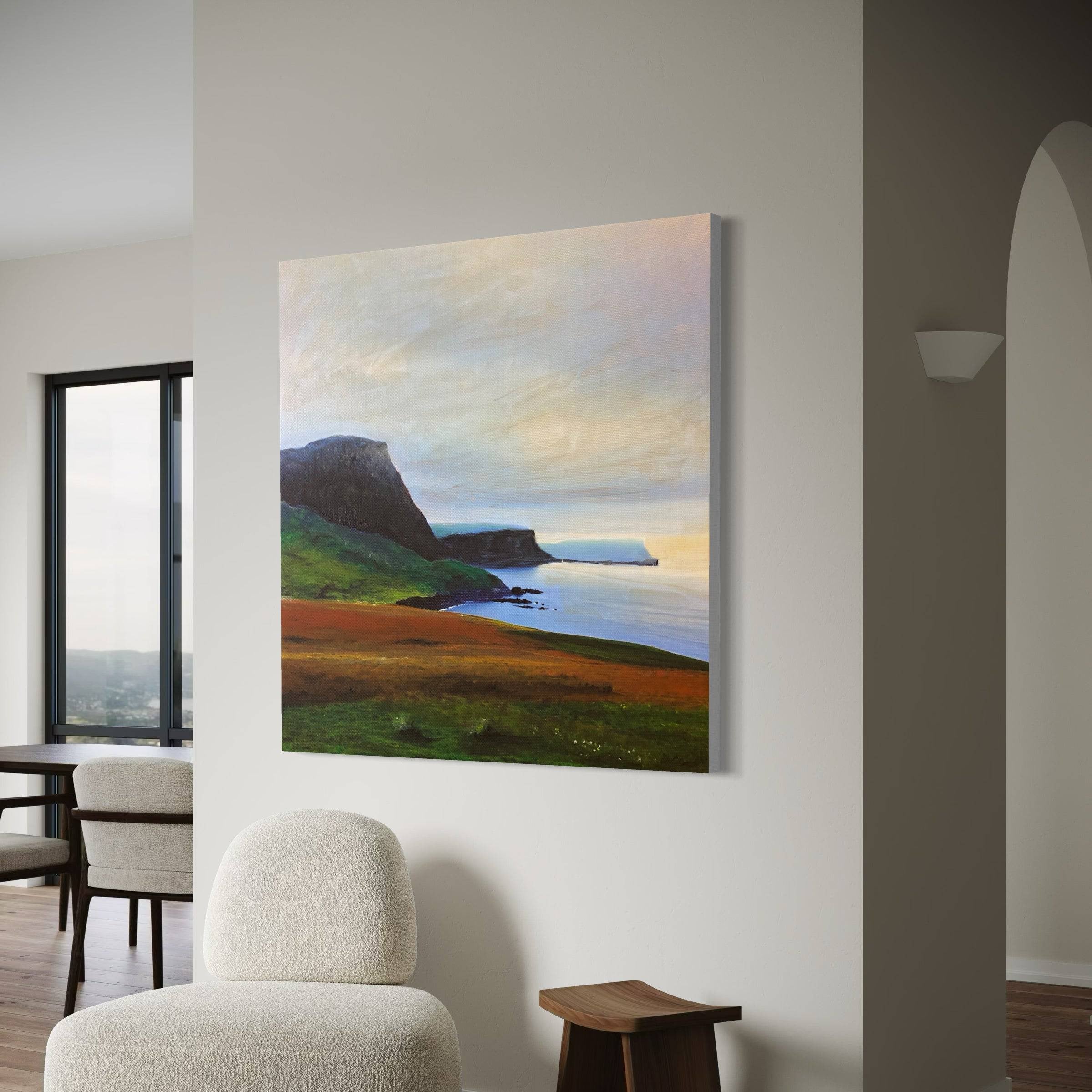 Vibrant oil painting of Neist Point Cliffs Scotland with coastal hills and calm sea