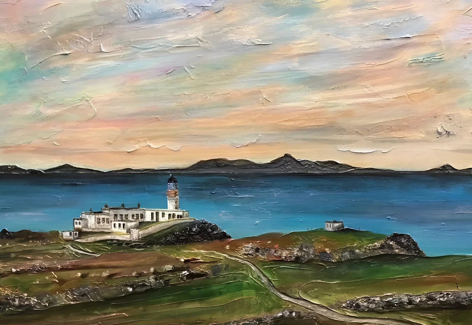 Impasto lighthouse landscape painting of Neist Point Lighthouse on a scenic coast