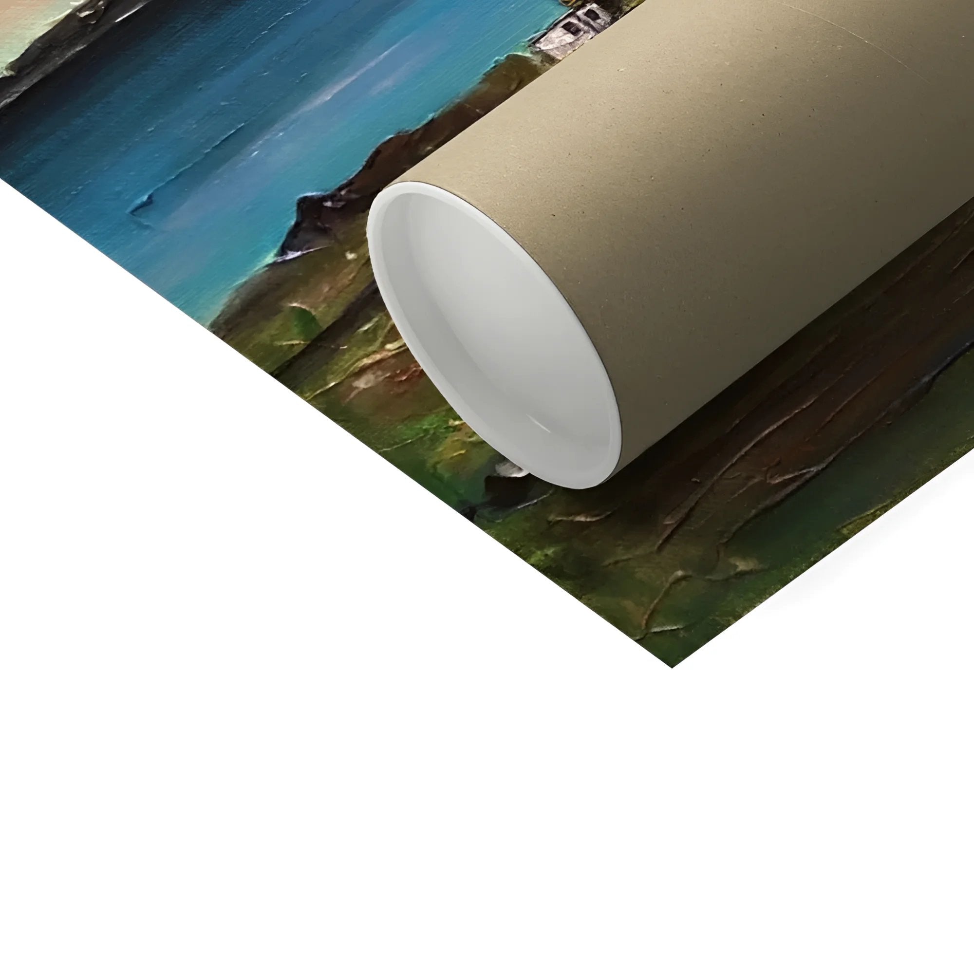 Rolled art print of a landscape painting featuring Neist Point Lighthouse Skye near water