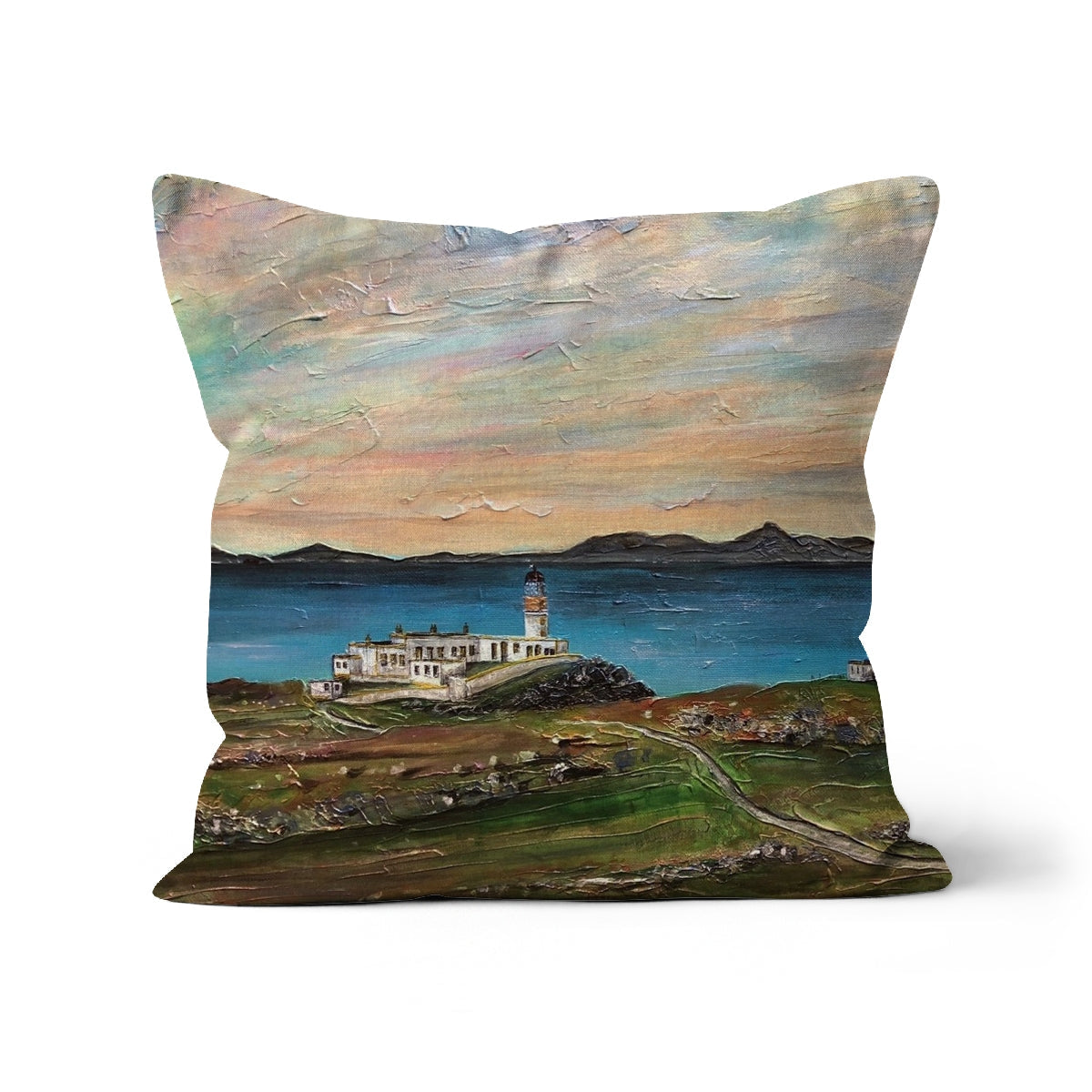 Decorative throw pillow with impressionistic lighthouse painting on rocky coast design