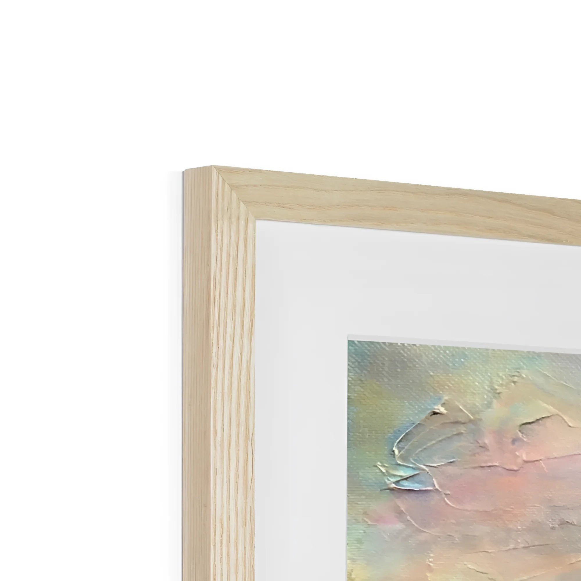 Light wood-framed abstract art with white mat for Neist Point Lighthouse Skye print