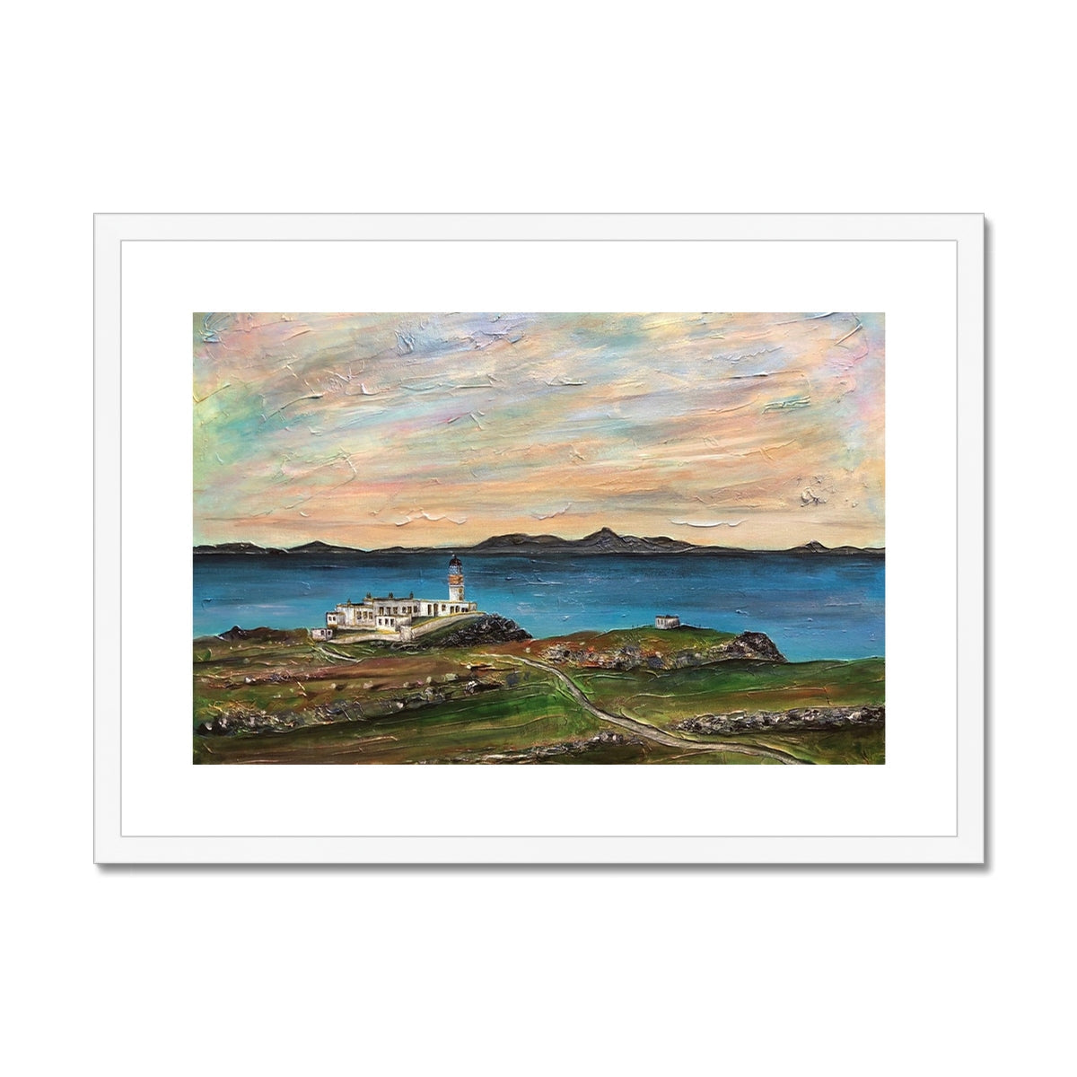 Colorful oil painting of Neist Point Lighthouse on Skye with coastal buildings and dramatic sky