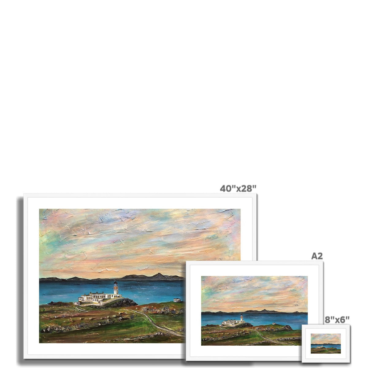 Three framed coastal landscape paintings featured in the Neist Point Lighthouse Skye print