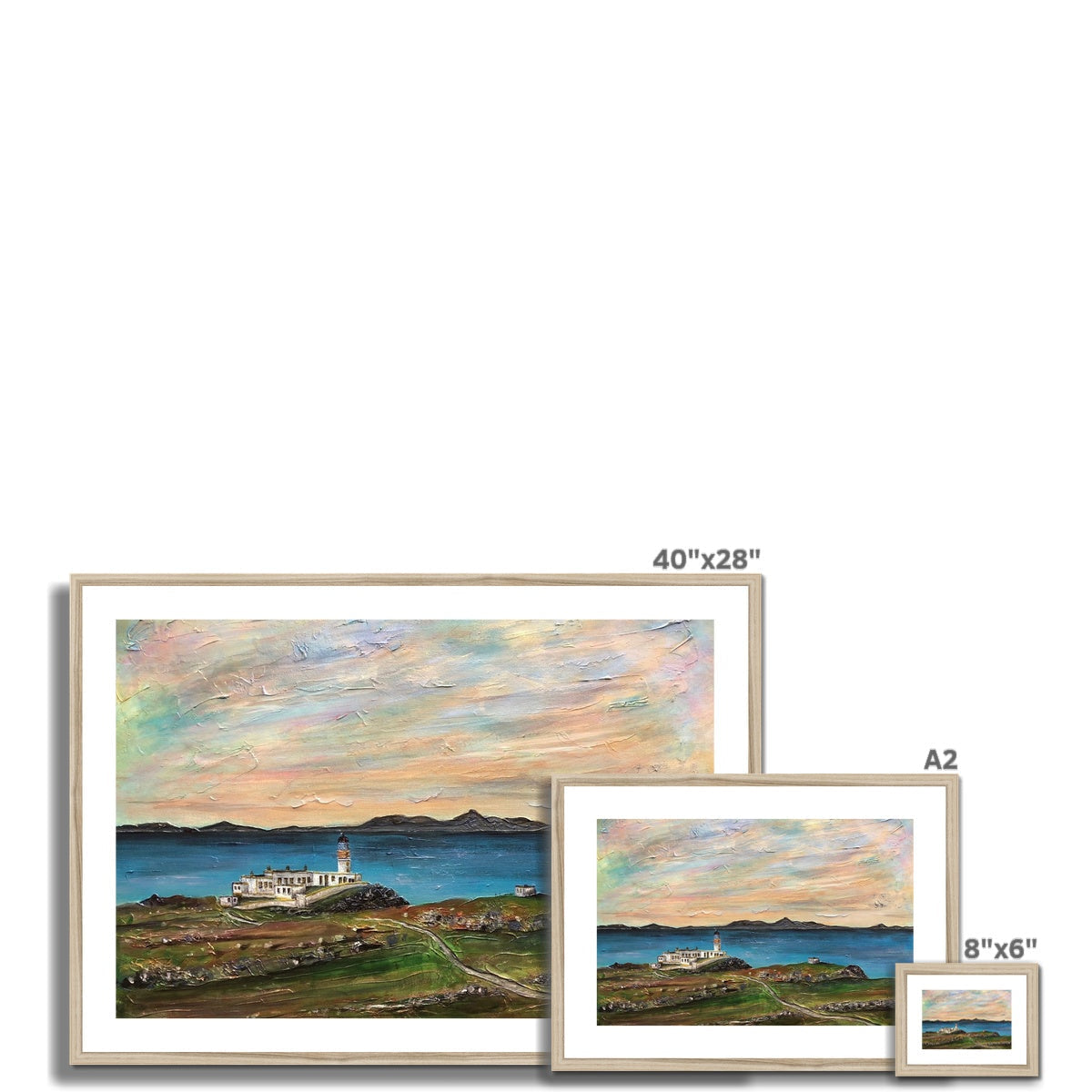 Three framed landscape paintings of Neist Point Lighthouse on the Isle of Skye
