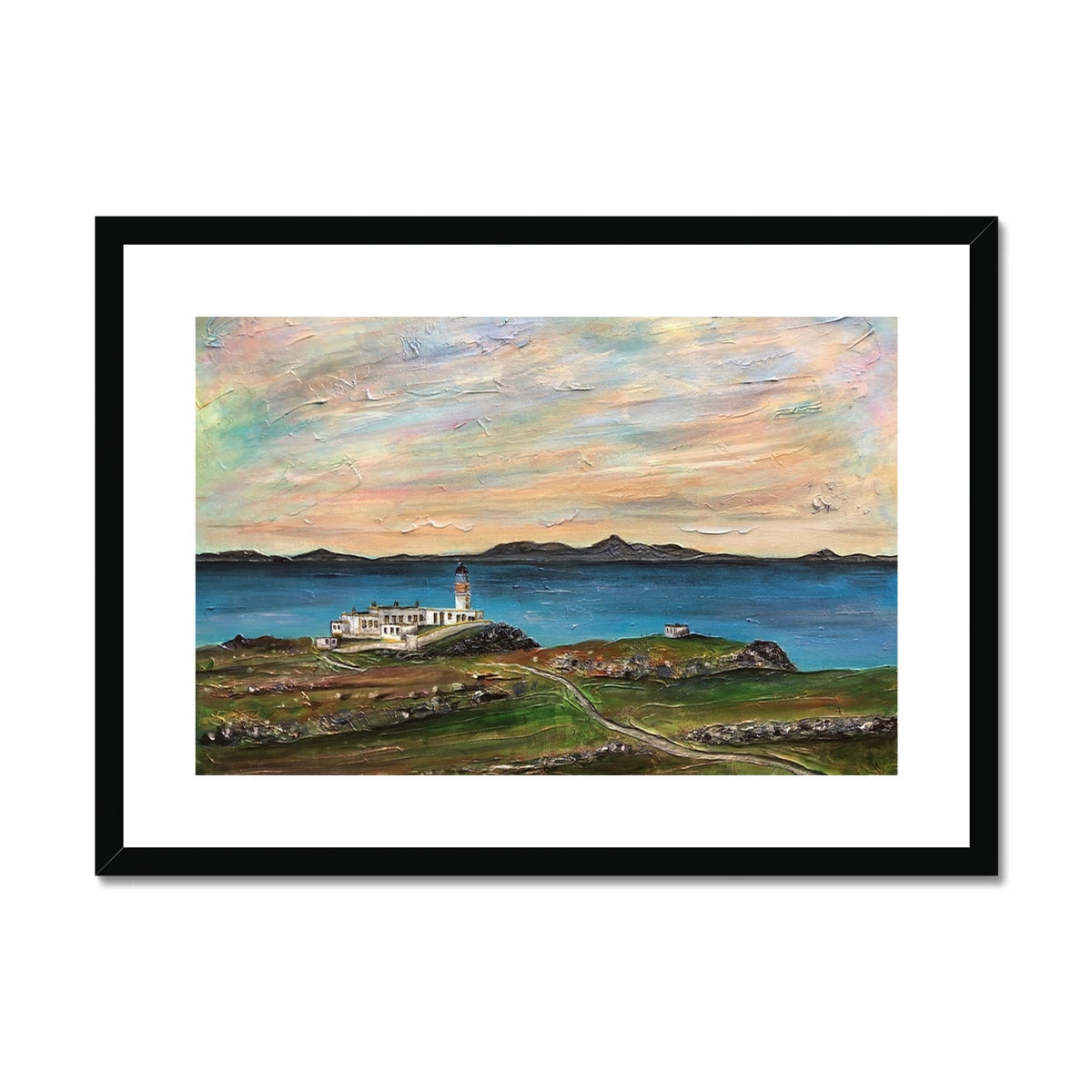 Framed oil painting of Neist Point Lighthouse Skye on grassy coast under colorful sky