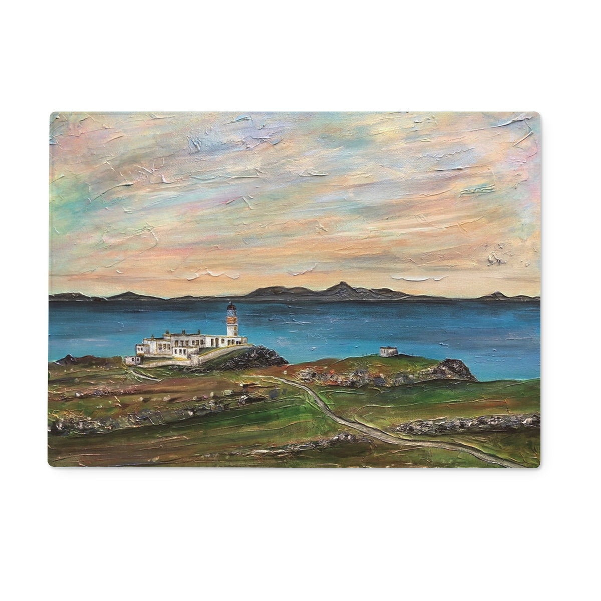 Vibrant oil painting of Neist Point Lighthouse Skye with coastal landscape and tranquil sea