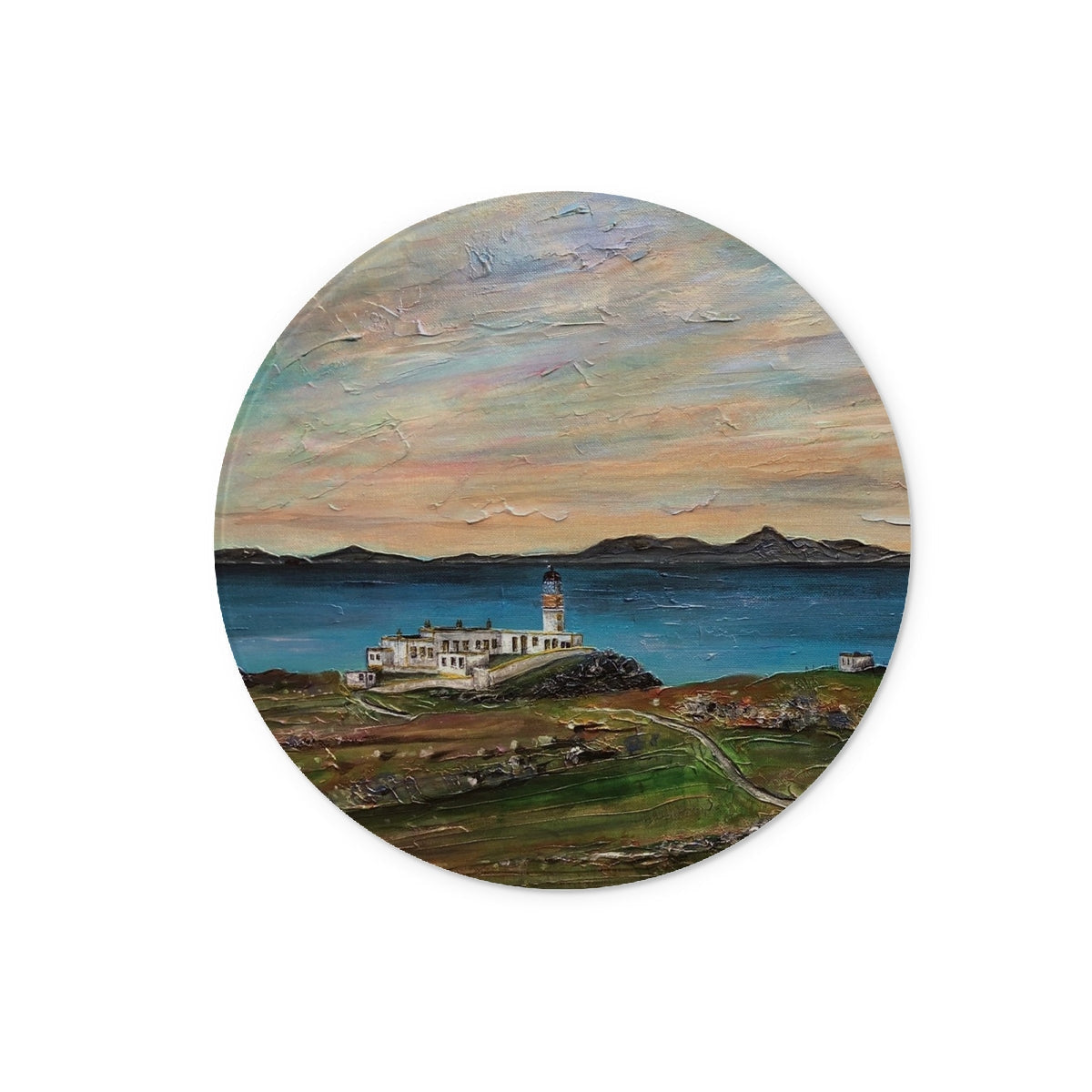 Circular oil painting of Neist Point Lighthouse and Skye coast on a glass chopping board