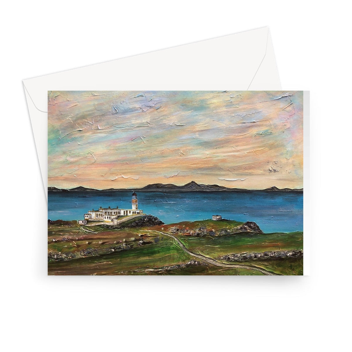 Greeting card featuring a lighthouse painting on a rocky coast for Neist Point Lighthouse Skye