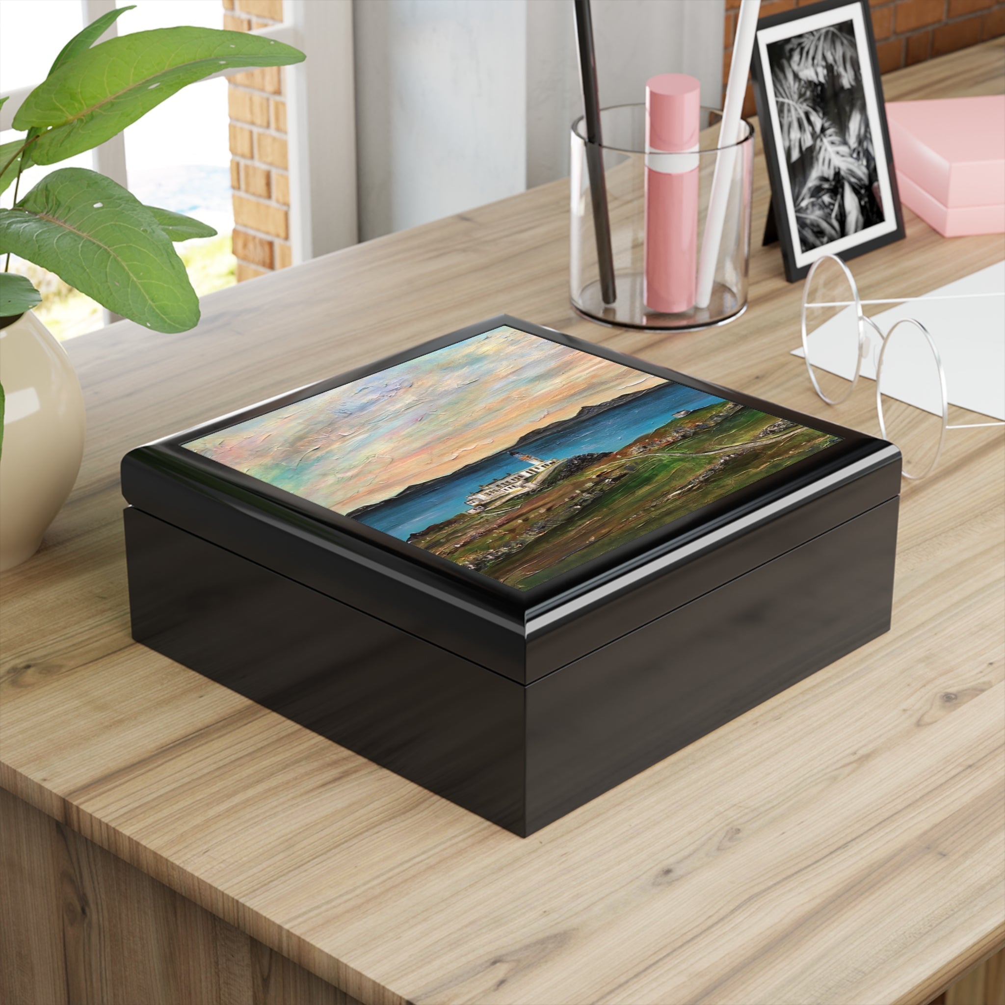 Black rectangular jewelry box with glossy Neist Point Lighthouse coastal scene lid